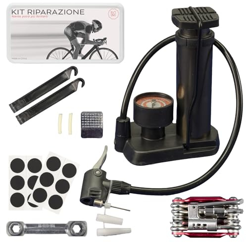Generico Kit Riparazione Bici 3 in 1 - Multitool 10 in 1, Kit Foratura con Leve e Patch, Pompa a Pedale con Manometro, Valvole Universali - MTB, Gravel, Strada