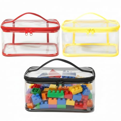 3 Pcs Clear PVC Toy Organizer Bags (23.5x17x11.5cm) Reusable Waterproof Zipper Bags with Handle for Building Blocks, Puzzles & Small Toys