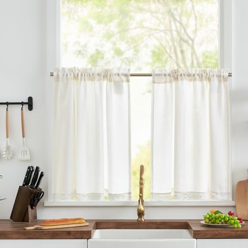 TOPICK Linen Look Kitchen Curtains, Lace Cafe Window Tiers, W36xL24, White | Rod Pocket Light Filtering Curtains for Small Basement, Laundry Room, Sink, Solid, Rustic Style, Rod Pocket, 2 Panels
