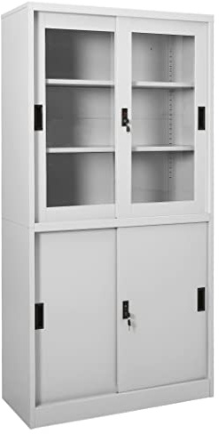 BARULUOAKLIFE Armadio Archiviatore in Acciaio e Vetro Temperato con 3 Ripiani Regolabili e Serratura - Grigio Chiaro 90x40x180 cm per Ufficio e Casa, Ante Scorrevoli, Porta