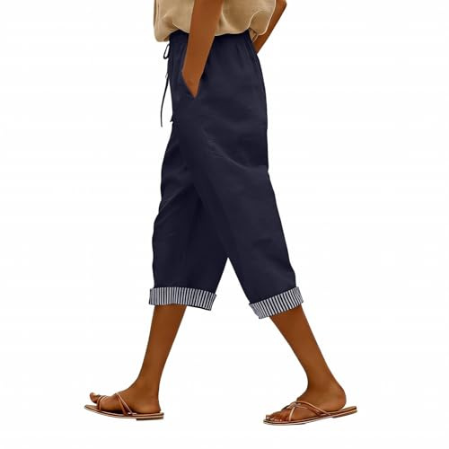 Pantaloni Lino Donna 3/4 Pantaloncini Donna Estivi in Cotone e Lino Leggeri Vita Alta con Coulisse ed Elastico, Shorts Bermuda Larghi Eleganti con Tasche Casual per Spiaggia Sport e Tempo Libero