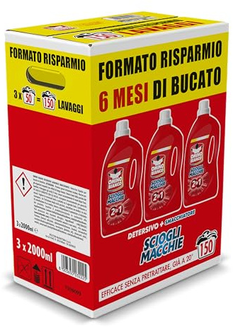 Omino Bianco - Detersivo Lavatrice Liquido Scioglimacchie 2in1, 150 Lavaggi, Rimuove Macchie Difficili, Rispetta Bianchi e Colorati, 2000 ml x 3 Confezioni