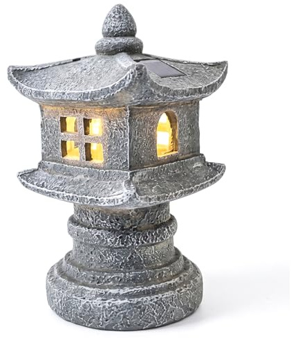 Faticenic Pagoda trädgårdsstaty, japanska sollyktor, soldriven Pagod trädgårdsstaty, japansk stenlykta i harts, för gräsmatta, uteplats, grå
