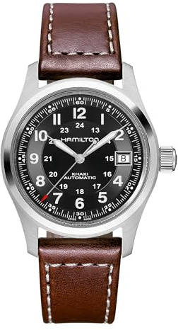 Hamilton Khaki Field Automatic Men's Watch, 38mm Stainless Steel Case, Swiss Made, Black Dial Analog Wrist Watch for Men, 100m Waterproof, Sapphire Crystal, 3-Hand Movement, Cow Leather Strap