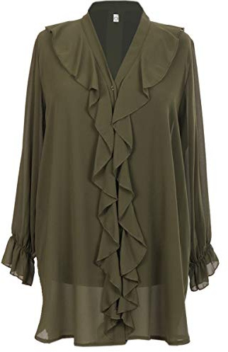 Storm Island Ladies Italian Ruffle Shirt Women's V-Neck Elasticated Sleeves Front Button Top SI069 (Khaki, One Size Fits UK (14-22))