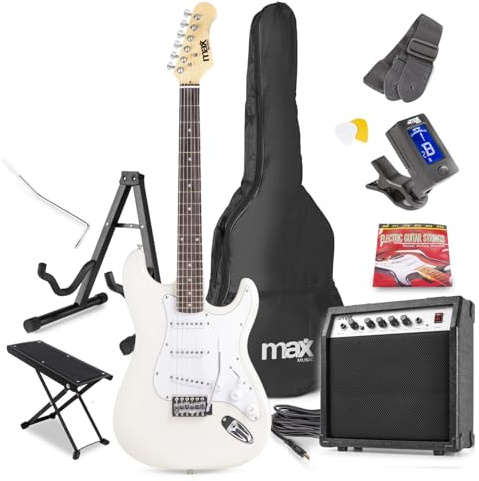 Max Gigkit White Electric Guitar Starter Pack - Complete Beginner Electric Guitars Kit with Amplifier, Guitar Stand, Footstand & 6 Months Lessons - Ideal for Beginner Guitars