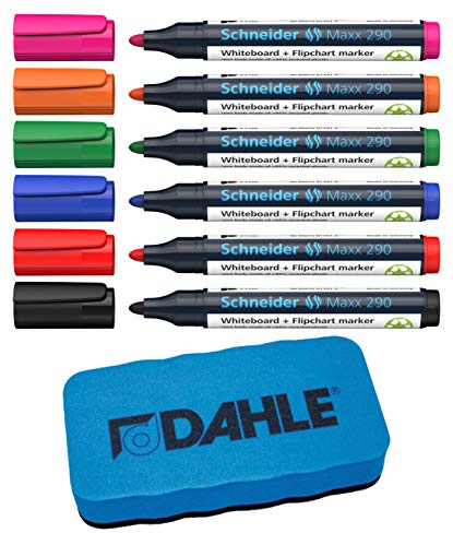 Schneider Maxx 290 Marker (für Whiteboards und Flipcharts, Rundspitze 2-3 mm Strichstärke, rückstandsfrei trocken abwischbar) Box mit 6 Farben + Whiteboardlöscher