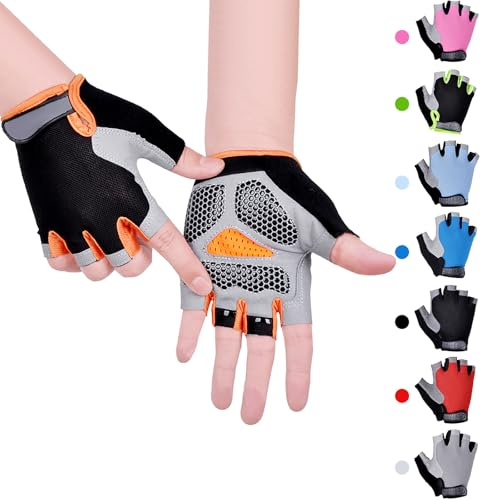 Barn pojke flicka cykling klättra halvfinger handskar GEL vadderad BMX cykel fingerlösa [SPI], Orange, M