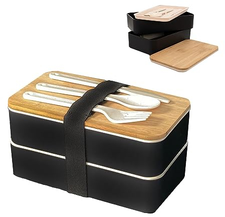 Intirilife Lunch Box Bento Box avec 3 compartiments et couverts en Noir - 18.5 x 10.5 x 9.3 cm - Boîte à lunch pour adultes enfants, idéale pour l'école le travail avec couteau fourchette cuillère