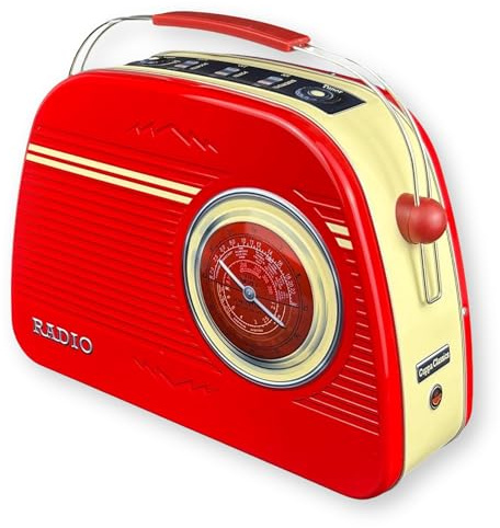 MediMuc Rund radioburk röd stor – förvaringsburk, kakburk, plåtburk – livsmedelssäker – volym 3,0 l – mått: (längd x bredd x höjd): 31,8 x 22,4 x 7,0 cm