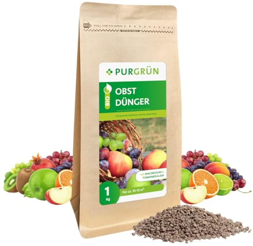 Purgrün® Bio-Obstdünger 1 kg – Organisch-mineralische Rezeptur – Feinkörniges Krümelgranulat – NPK 6+3+8 – Mit Magnesium für süßes Früchte & eine reiche Ernte – Verbessert die Bodenqualität