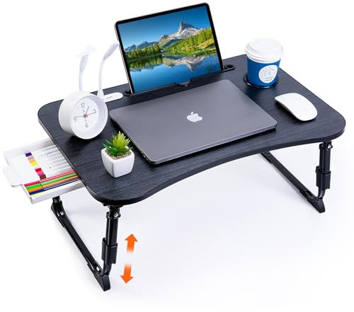 Laptop-skrivbord för säng, höjdjusterbart sängbord för laptop, hopfällbart bärbart knäskrivbordsstativ med USB/förvaringslåda/hållare/fack, frukostbricka för arbete läsning och skrivning (svart)
