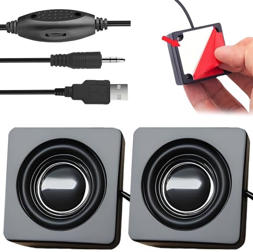 GOEDCH Klein PC Lautsprecher Kann Geklebt Werden: Mini USB Computer Lautsprecher mit Lautstärkeregelung, Kompakt Stereo-Lautsprecher für Desktop, Notebook, Laptop, schwarz(USB+3.5MM)