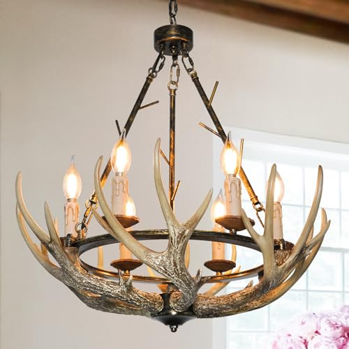 Rustic Antler Chandelier 6 Lights for Dining Room, Deer Farmhouse Chandeliers with Resin 6 Antlers and Wagon Wheel Frame Vintage Style Antler Light Fixtures for Living Room Kitchen Foyer