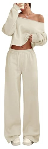 SOLY HUX Women's 2 Piece Outfits Fall Sweatsuits Off The Shoulder Crop Top Wide Leg Sweatpants Casual Matching Lounge Sets Pure Apricot Large