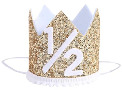 Febbya Cappello di Compleanno 1/2,Bianco e Oro Glitter Cappello con Corona Arcobaleno 1/2 Carina Decorazioni il Compleanno di 6 Mesi per Accessori Fotografici Feste
