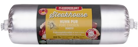 Steakhouse Poulet pur (14 x 500 g), nourriture humide pour chiens et chats, complément alimentaire sensible, monoprotéine, sans céréales, 14 saucisses de Fleischeslust