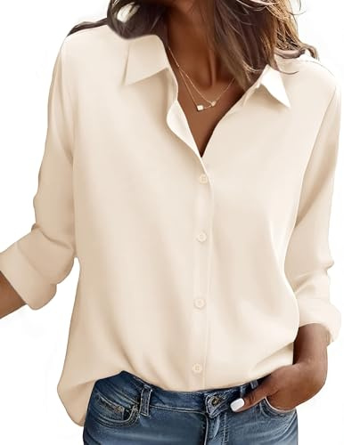 Zeagoo Beige Shirt Women Button Down Shirts for Women Long Sleeve Blouses Dressy Casual Solid Color Work Tops M