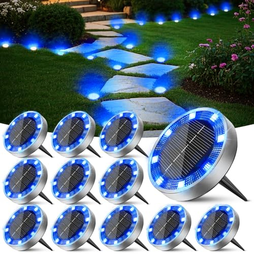 Peasur Lampe Solaire Au Sol Lot de 12, Lumiere Solaire Exterieur Jardin 8 LED, Étanche Spot Solaire Extérieur, Eclairage Solaires pour Terrasse Allée Chemins Pelouse Cour Piscine, Bleu