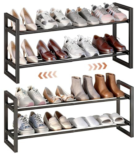 IBUYKE 2 Paquete de Zapatero Extensible, Organizador de Zapatos Ajustable de 45-83cm, Pequeño Estantería para Zapatos Apilable de Metal para Entrada Sala de Esta Armario, Negro TXJ002B-2