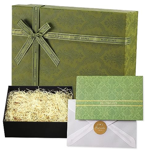 Juego de caja de regalo verde, grande, 33 x 25 x 10 cm, caja de regalo con tapa, caja de regalo de papel de seda rasgado, tarjetas de felicitación para Navidad, cumpleaños, aniversario de boda