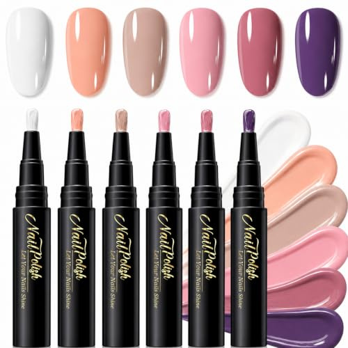 MrCuvaryas Nagellackspenna 6 färger, nagellackspenna utan UV-lampa, snabbtorkande nagelkonstpennor, hög täckande färglack penna för manikyr, nageldesign hem och resor, snabbtorkande nagelpolering