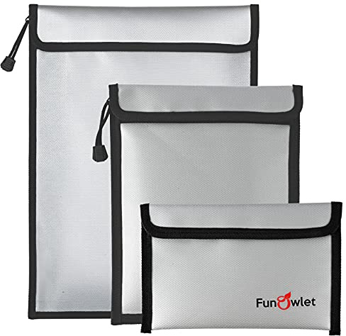 FunOwlet Fireproof Waterproof Document Bag – 3 Pack Fire and Water Resistant Zipper Storage Organizer & Money Safe Pouch Set for Important Papers, Cash, Passports, Jewelry & Electronics (Gray)