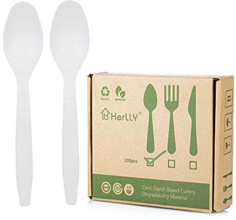 HERLLY Compostable Spoon,100 Biodegradable Silverware for Party,Large Disposable Utensils Eco Friendly Durable and Heat Resistant,Alternative to Plastic Spoon