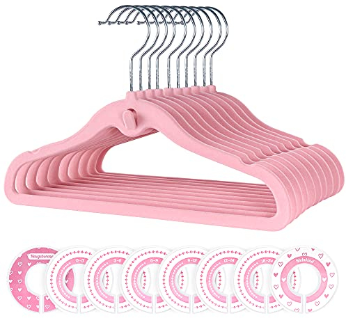 Hengsong Samt Baby Kleiderbügel Set, 80 PCs Baby Kleiderbügel und 32 PCs Baby Kleiderschrank Teiler, Kinderbügel mit Extra-Haken, Platzsparend, rutschfest, für Kleiderschrank Schrank Kleidung, Rosa