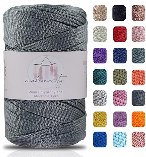 Makromecity makramégarn 2 mm x 230 m, premium polyester, makramérep, polypropen, garn för hantverk, hemdekorationer, bordstabletter, axelväska, handväska, löpare, nappkedja 20 färger (grå)