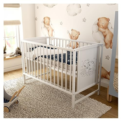 Generisch Baby Delux Babybett 60x120 weiß Kinderbett Mia mit Matratze mit Teddybären Motiv (Babybett mit Matratze)