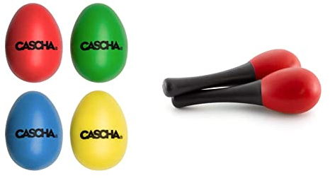 CASCHA Egg Shakers Rasseleier I Percussion Musikintrument I 4 Stück, HH 2003, rot, blau, gelb, grün & TIGER MAR28-RD Mini Egg Kinder-Maracas - Percussion Shaker Instrument - Rot - Ein Paar
