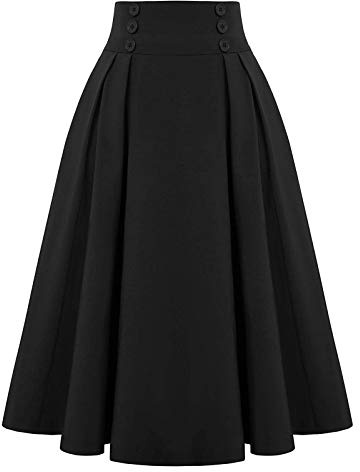 PAIDAXING Gonne da donna vintage retrò a vita alta tinta unita A-Line svasata gonne midi a cerchio completo gonna anni '50 con bottone laterale per le signore
