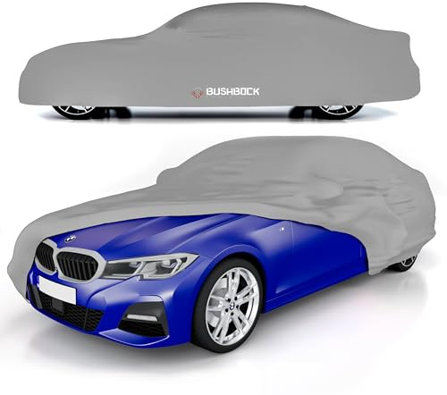 BUSHBOCK® Premium bilskydd inomhus – satin skyddande överdrag tyg – presenning, bilgarage inomhus – 2 färger, 4 storlekar (silvergrå, L)