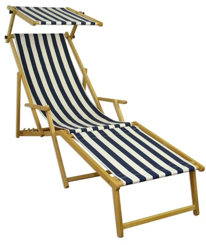 Holz-Liegestuhl Gartenliege mit viel Zubehör nach Wahl Stofffarbe blau-weiß V-10-317NFußteil. Sonnendach