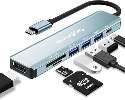 baolongking Hub USB C, Adaptateur multiport USB-C 7 en 1 avec PD 100 W, HDMI 4K, 3 Ports de données USB-A, Cartes SD et TF pour MacBook Air/Pro, iPad Pro, Chromebook, Huawei, Galaxy, Ordinateur Porta