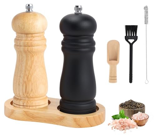 Foyucool Wooden Salt and Pepper Grinder Set with Brush and Spoon, 6 inch Manual Salt and Pepper Mill, Adjustable Coarseness, Refillable Pepper Grinder with Ceramic Core for Kitchen, Wooden+Black