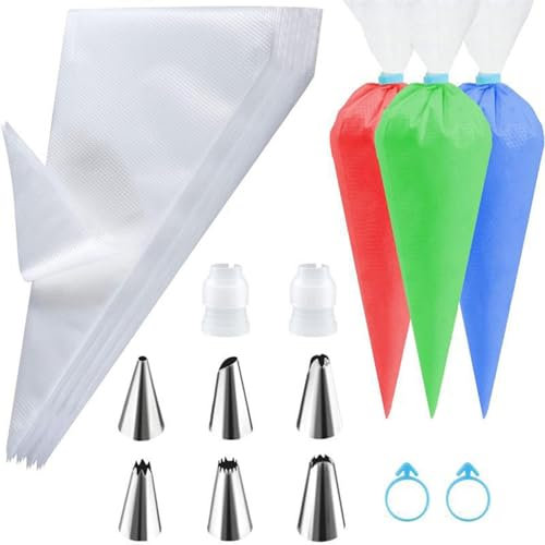 Set di sac à poche e ugelli, 100 sac à poche per glassa, 6 ugelli per glassa, 2 accoppiatori, 2 fascette per sacchetti, sac à poche usa e getta, attrezzature per la preparazione di torte, kit di