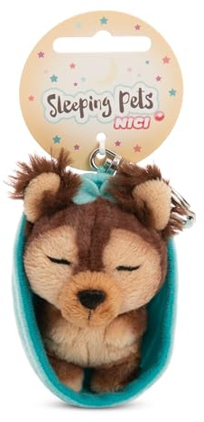 NICI-Llavero Sleeping Pets Perro Yorkshire Terrier de 8 cm en cestita, Color marrón, acompañante Fiel para Mochila o Bolso, para niños y Personas Adultas, 61605