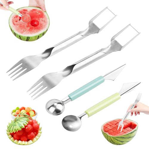 Melonenschneider 4 STK,Wassermelonenschneider Edelstahl,Melonenausstecher für Würfel und Kugeln,Obstschneider für Papaya,Wassermelonenmesser,Kugelausstecher für Melonen,Edelstahl Melonenschneider