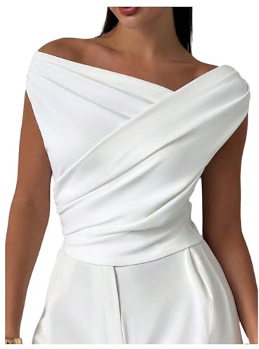 MakeMeChic Women's Off The Shoulder Tops Summer Blouses Asymmetrical Dressy Tops White Medium