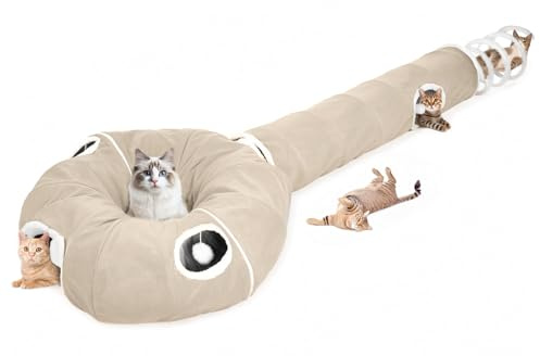 Ownpets Large Cat Tunnel,245cm Cat Bed Tunnel,Khaki | For Cats Rabbits Ferrets With Spring Tail, 3-Section Pet Play Tube With 4 Setups,Foldable Tunnel