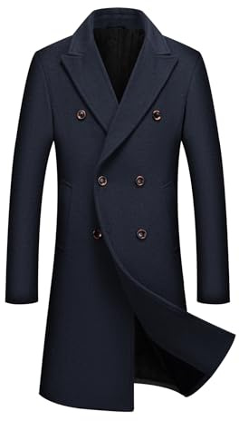 Allthemen Abrigo Hombre Largos de Lana Invierno Parka Cálido Casual Negocios Trench Coat Doble Pecho Azul marino XXL