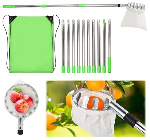 Recoge Frutas Telescopico 4m, Recogedor de Frutas Diámetro de 16 cm Recoge Frutas de Árboles con Bolsa de Tela Frutas Herramientas Recolectoras para Manzanas, Naranjas, Peras