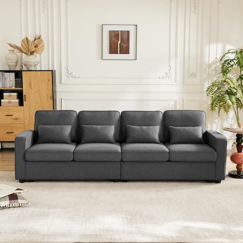 KOMHTOM Canapé Beige/Gris avec Coussins Canapé 4 Places avec Rangement, Grand canapé avec Porte-gobelet et Port de Charge Meubles de Salon (Gris foncé-1)