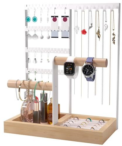 Benxdara Jewellery Stand Organiser, 4-Tier Necklace Holder Stand Display with Necklace Organizer, Wooden Ring Organizer Earring Tray for Bracelets Watches Earrings Rings, Milky White