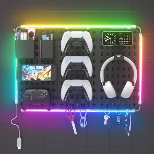 KDD 7 en 1 Panel Perforado Organizador Pared, 40x20cm 3 Paneles de Pegboard Gaming con Barra de Luz LED, Tablero Perforado de Kit Combinado con 14 Piezas para Colgar Herramientas para Juegos Oficina