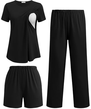 Ekouaer 3 Piece Maternity Pajamas Set Postpartum Nursing Short Sleeve Breastfeeding Sleepwear Pregnancy Shorts & Pants Pjs Black M