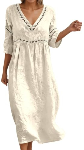 Eauptffy Vestido de playa para mujer, de lino, manga 3/4, vestido de verano, ligero, de lino, transpirable, vestido informal, vestido de verano, monocolor, vestido maxi elegante, cuello en V, vestido