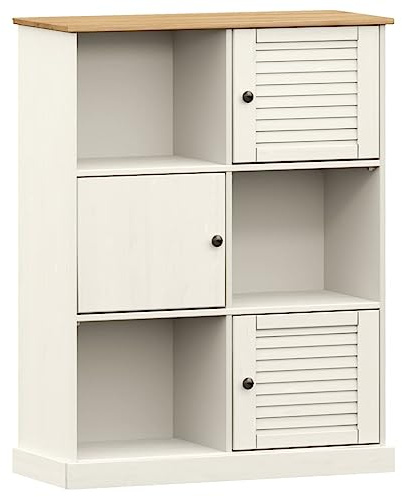 Coespram Libreria VIGO bianca, scaffale in legno di pino massiccio, armadio portaoggetti con 6 scomparti e ante persiane, mobili in legno massiccio per soggiorno, 90 x 35 x 114,5 cm